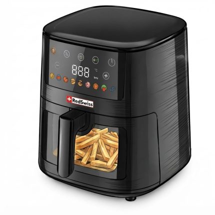 Red Swiss 7.8L digital air fryer with a viewing window showing golden french fries inside, and a digital control panel on top.