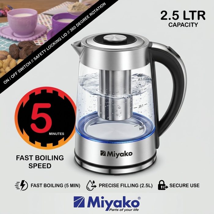 Miyako BPA free glass kettle BD - 2.5L Premium Borosilicate Glass & Safety Lid | Mahzam BD