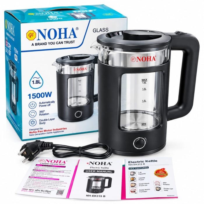 Noha NH-EK315 B Glass Electric Kettle 1.8L - 1500W, Double Layer | Mahzam BD